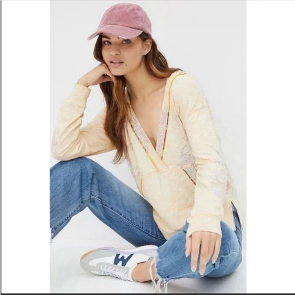 ANTHROPOLOGIE Floral V-Neck Hoodie Pullover Long Sleeve Tops Size S NWT